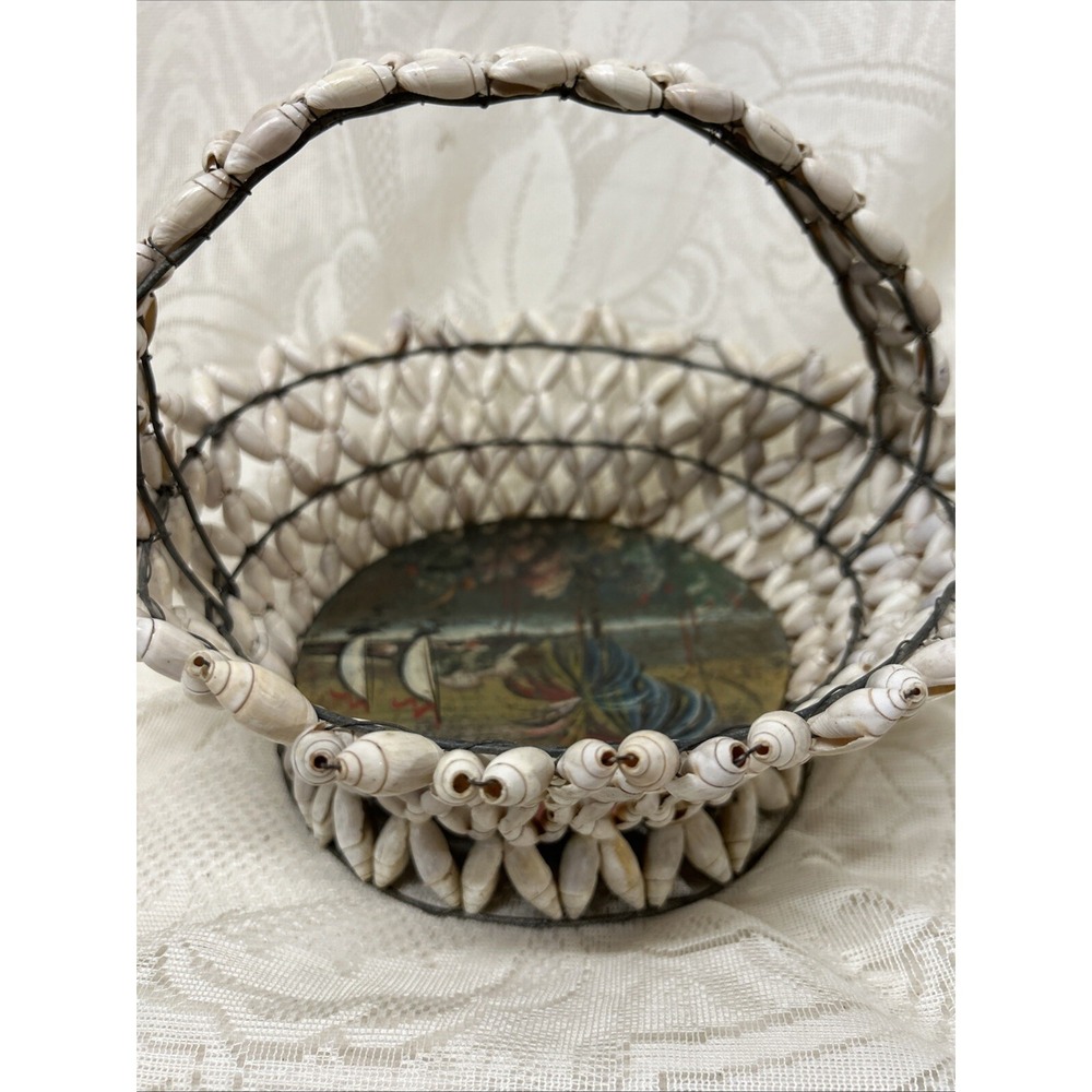 Vintage Antique Snail Shell Basket Souvenir Tijuana Mexico  Hand Painted Metal